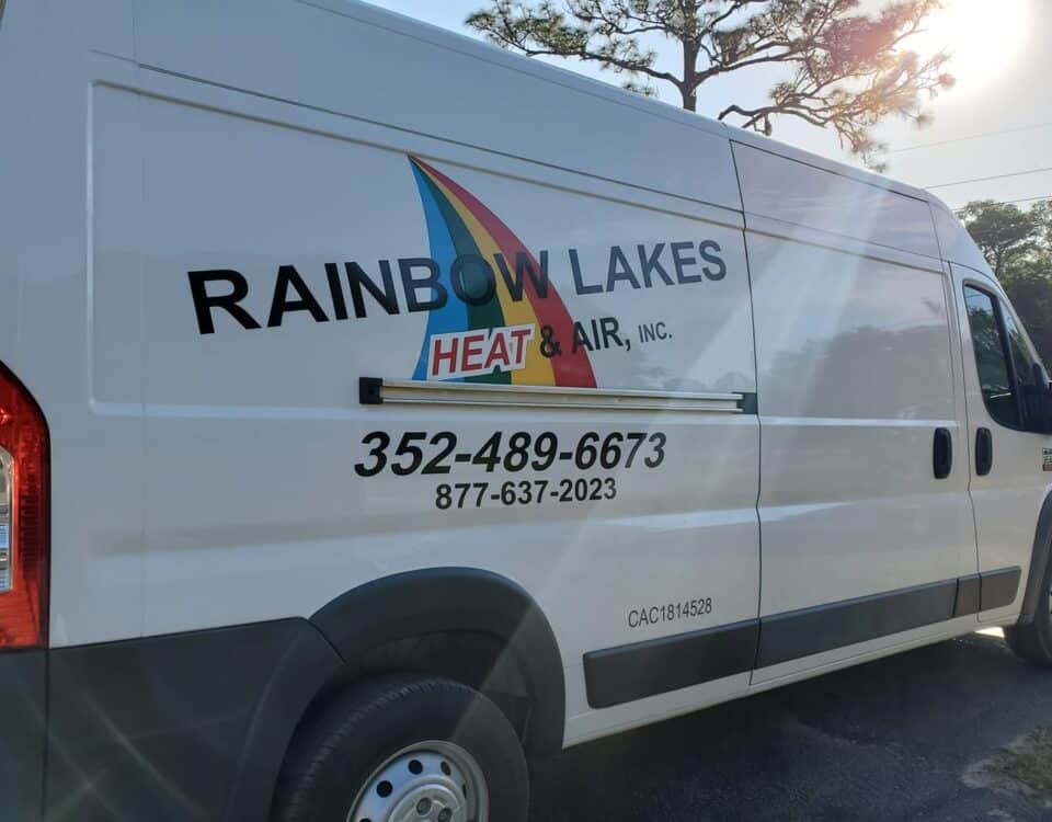 Rainbow Lakes Heating and Air Conditioning truck sitting in the summer sun.